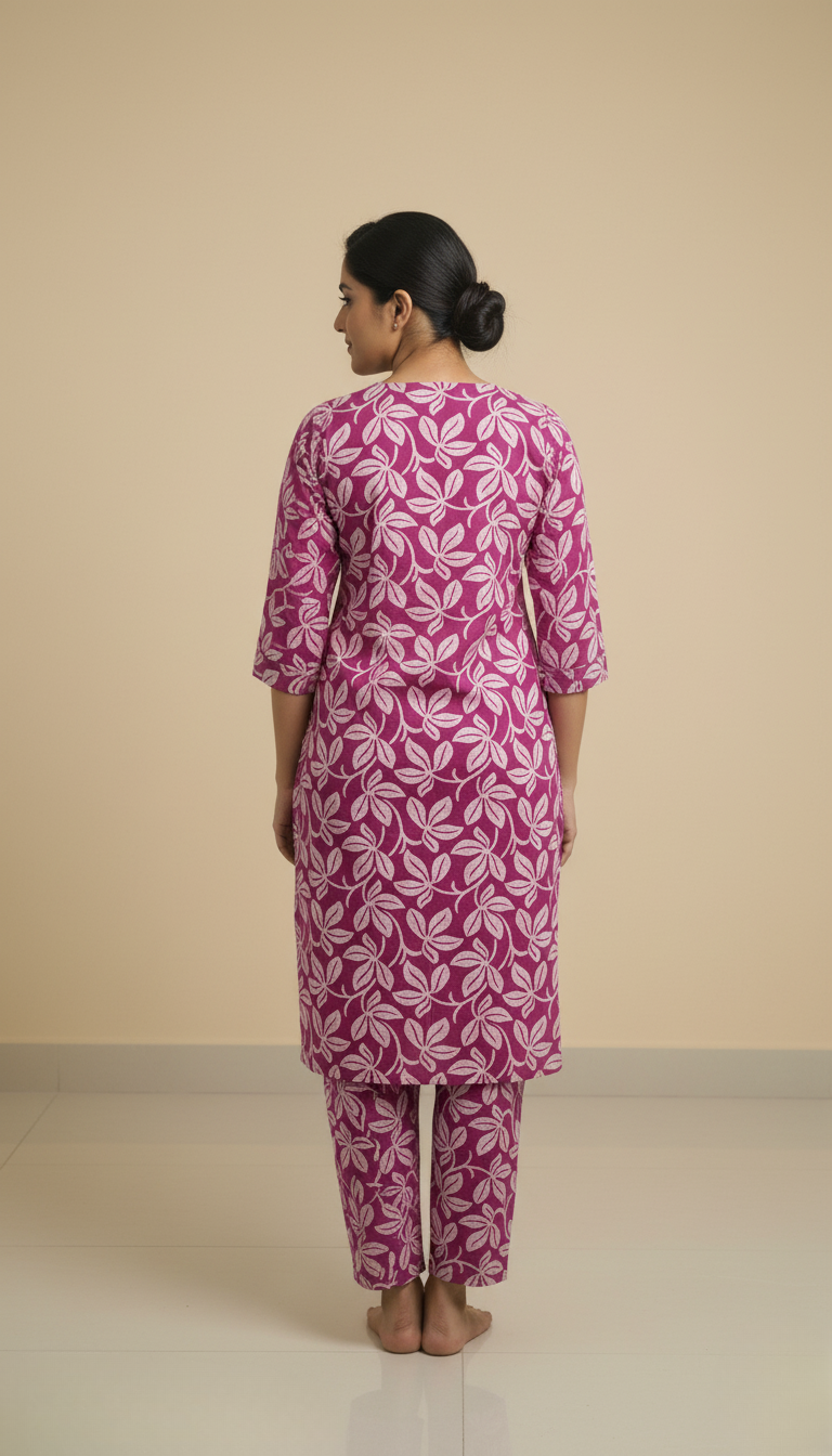 Onion Pink Floral Print Cotton Kurta Set