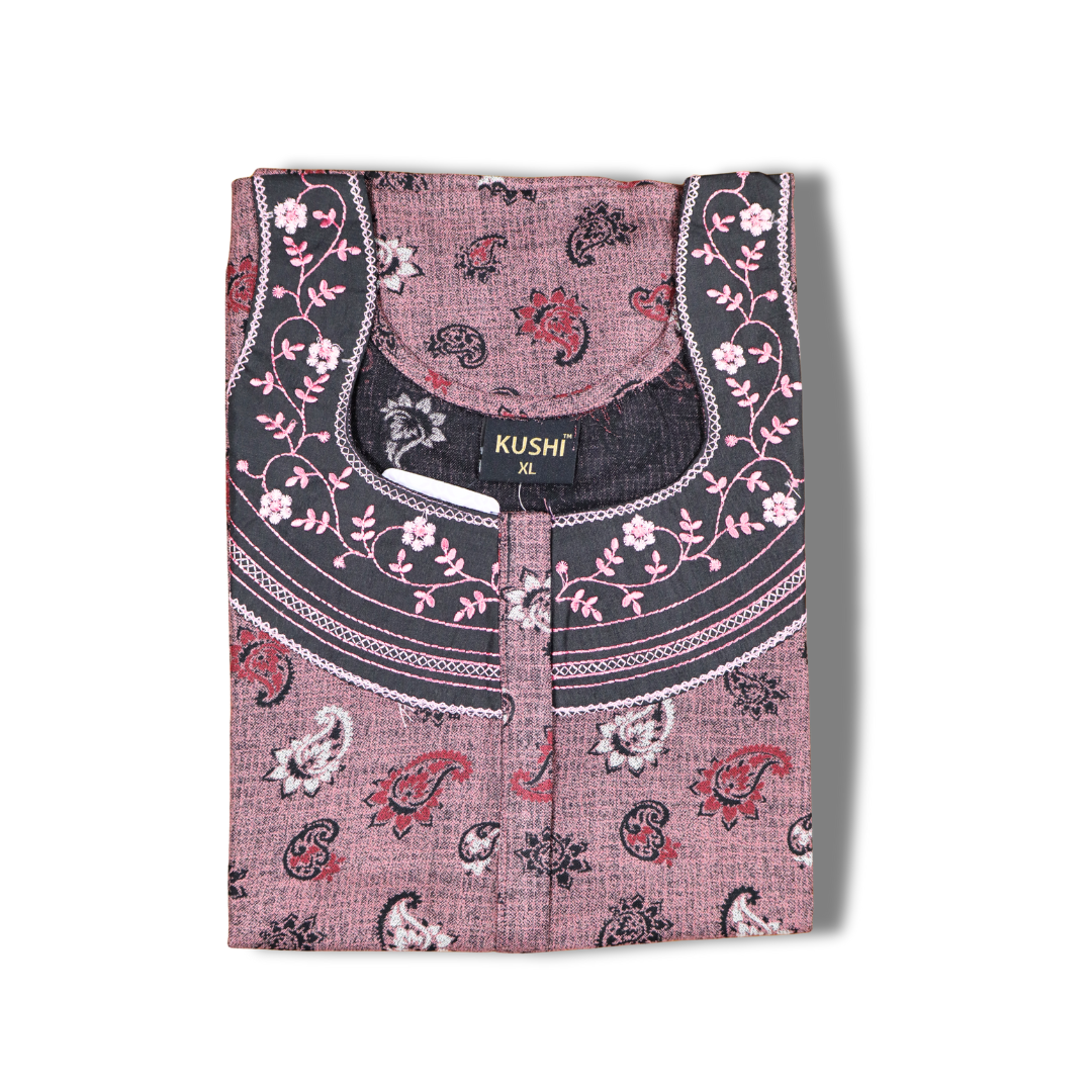 Brown Printed Cotton Nighty with Contrast Black Neck Design