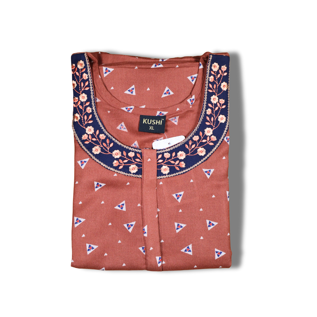 Olive Green Printed Nighty with Navy Embroidered Neckline