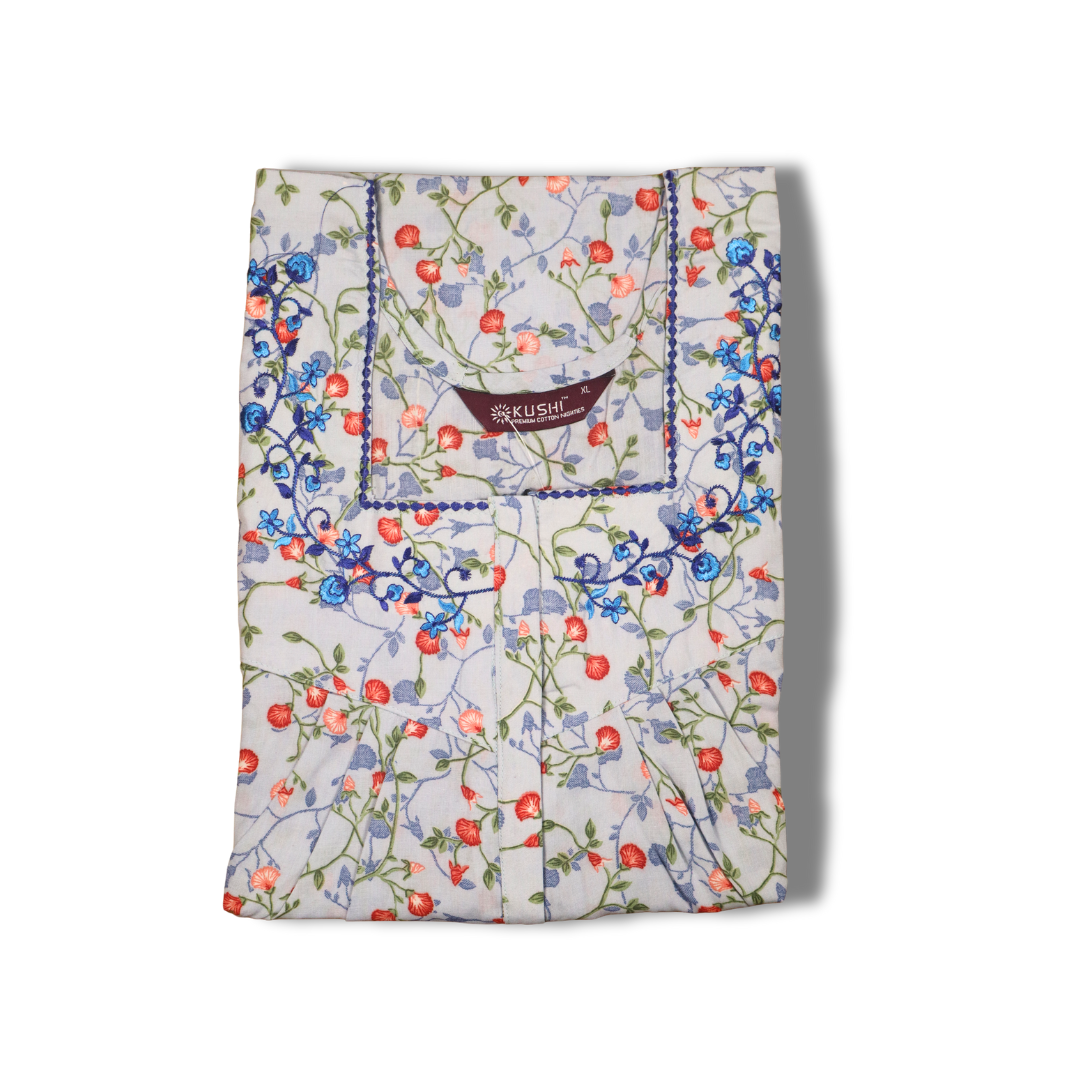 Floral Printed Pink Women’s Nighty with Embroidered Neckline