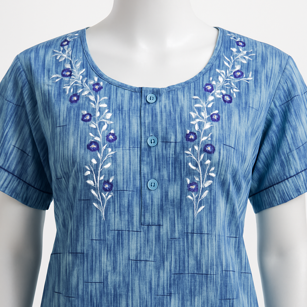 Batic Cotton Nighty – Sky Blue Comfort with Subtle Prints