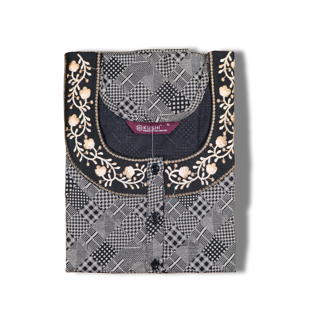Grey Printed Cotton Nighty with Multicolour Embroidered Neck