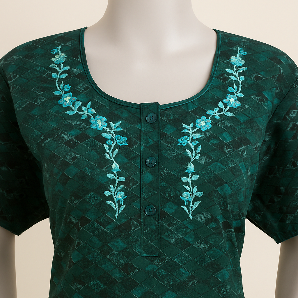 Green Satin Cotton Nighty – Elegant Embroidered Neck Nightwear