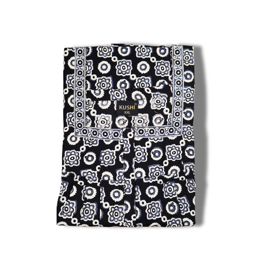 Jaipur Cotton Printed Nighty – Blue & White