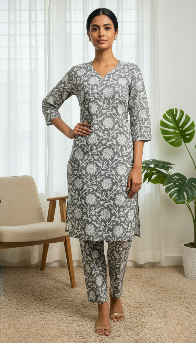 Violet Floral Print Cotton Kurta Set