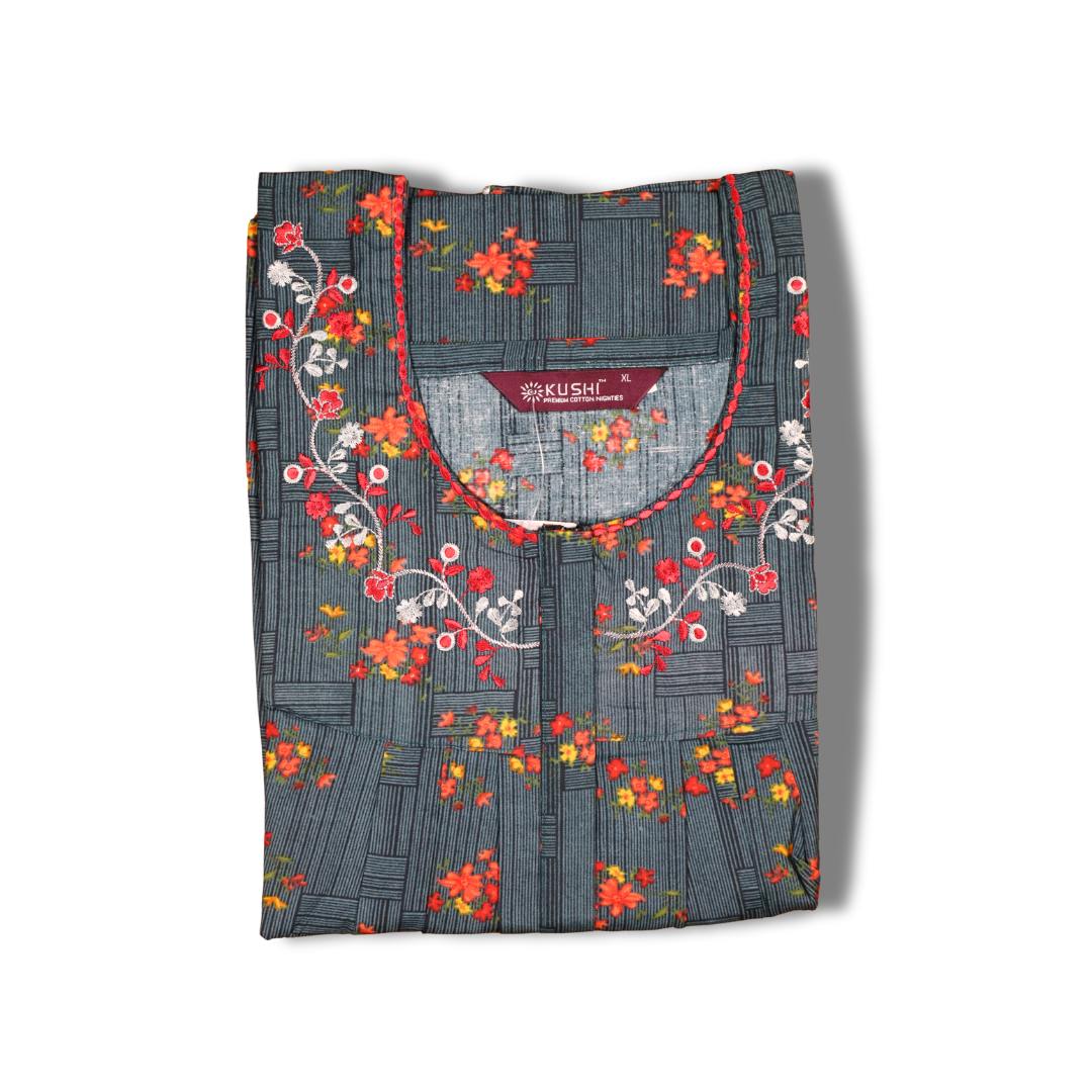 Elegant Green Floral Printed Nighty with Embroidered Neckline