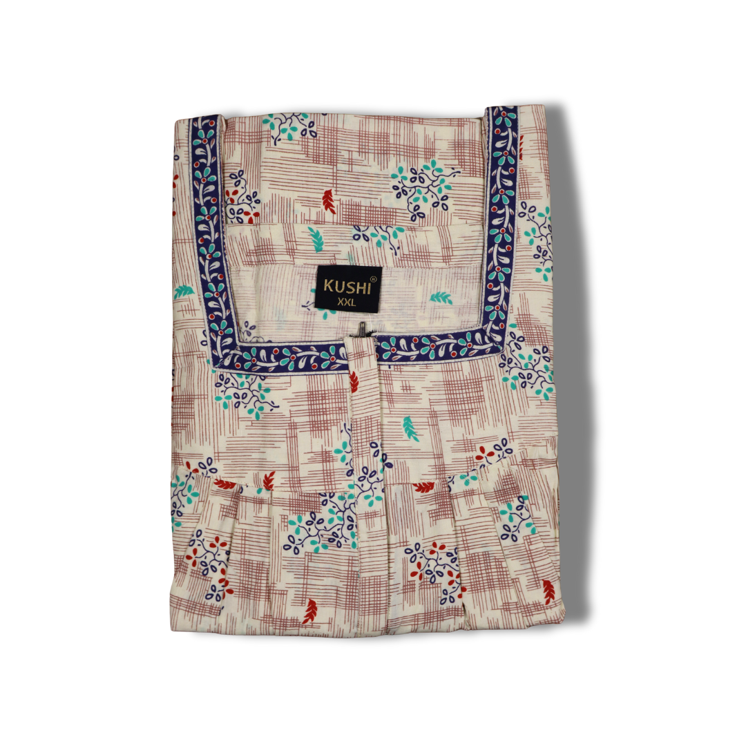 Beige Printed Cotton Nighty with Red Border Detailing