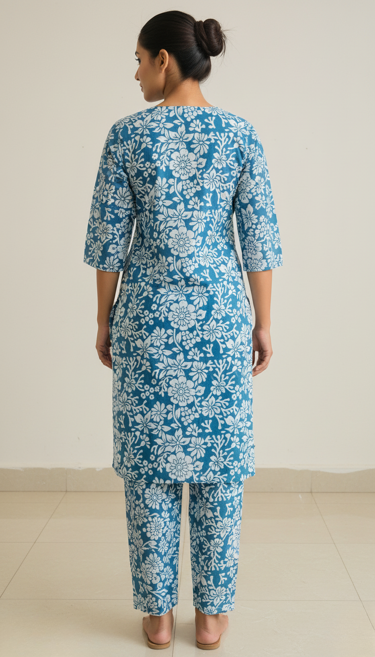 Elegant Blue Floral Cotton Kurta Set