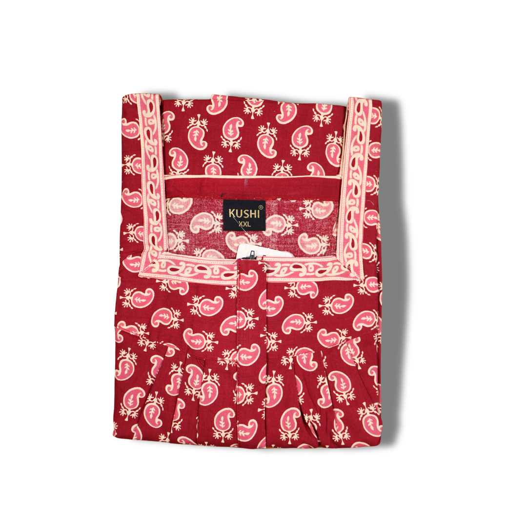 Elegant Jaipur Cotton Nighty – Pink with White Paisley Print