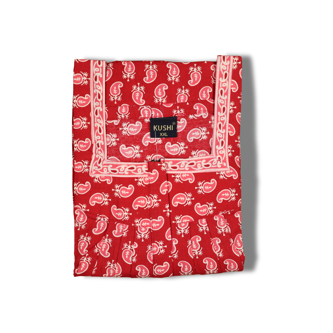 Elegant Jaipur Cotton Nighty – Pink with White Paisley Print