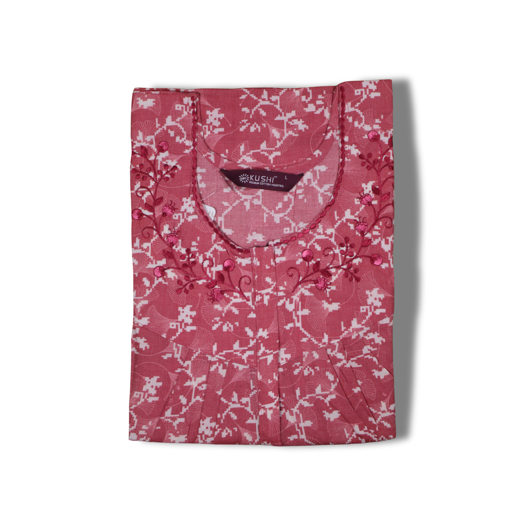 Premium Cotton Nighty – Slate Grey Floral, Round Neck, Short Sleeve