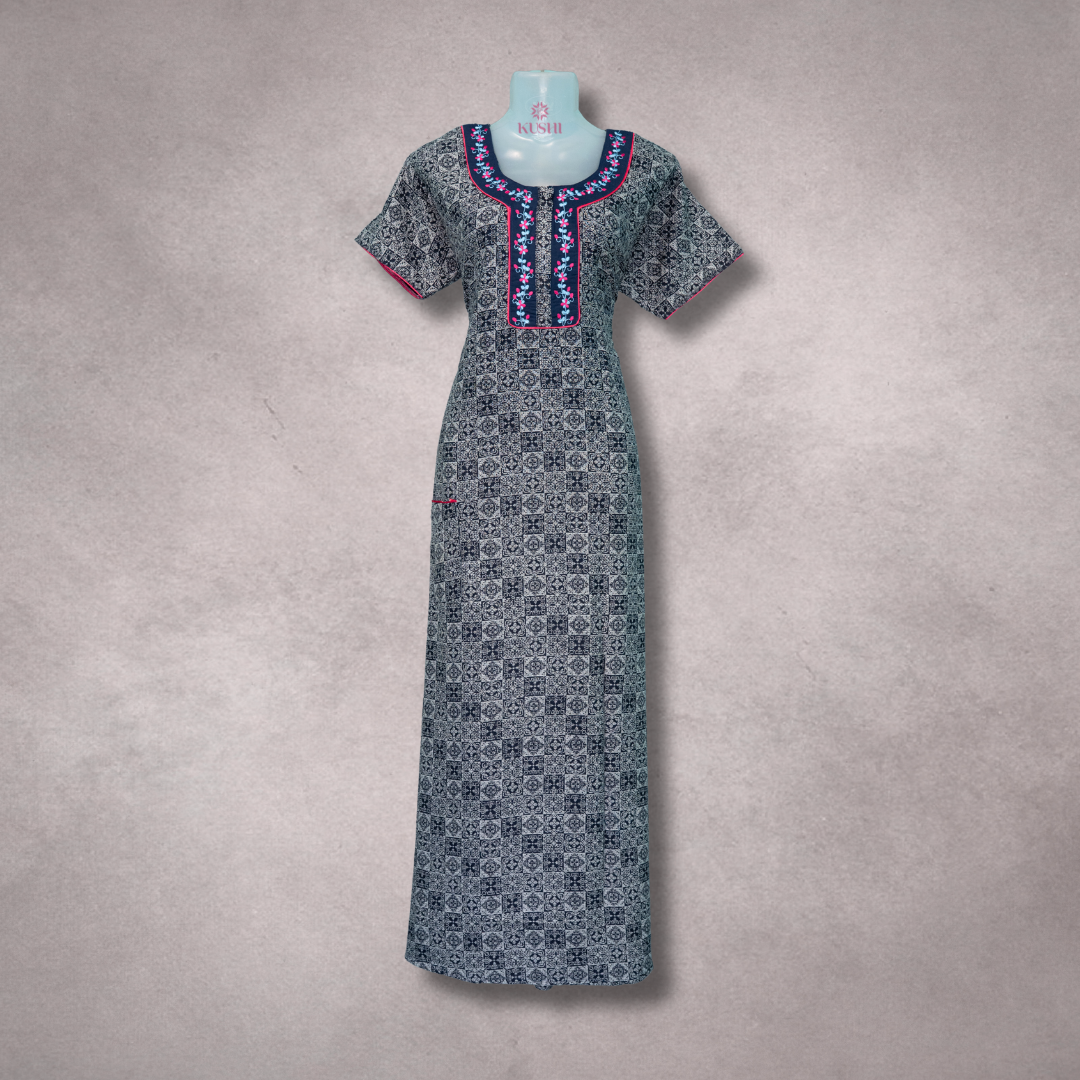 Stylish Grey Printed Cotton Nighty with Embroidered Neck