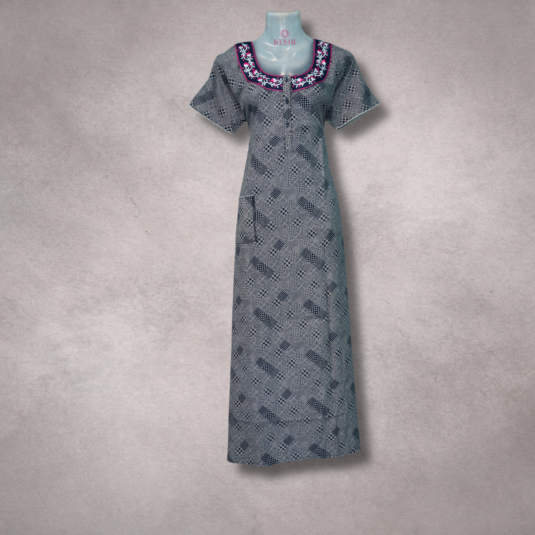 Grey Printed Cotton Nighty with Multicolour Embroidered Neck