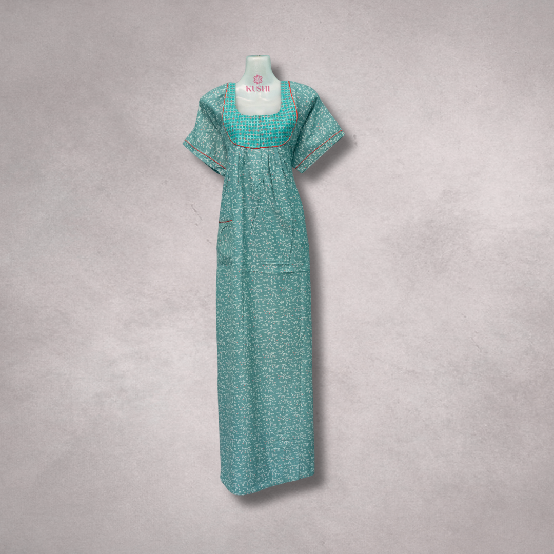 Alpine Teal Printed Cotton Nighty with Pocket