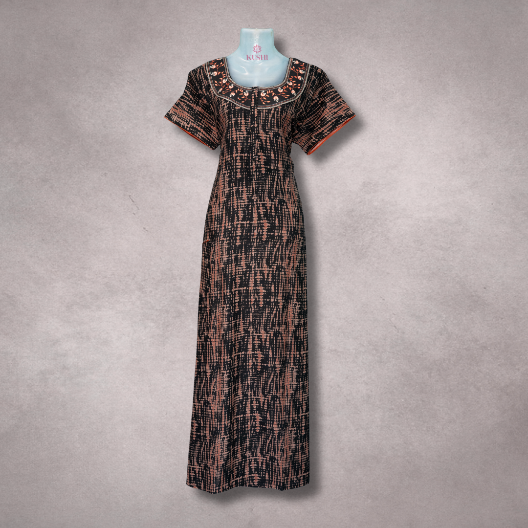 Premium Cotton Nighty – Black with Peach Abstract Print & Embroidered Neckline
