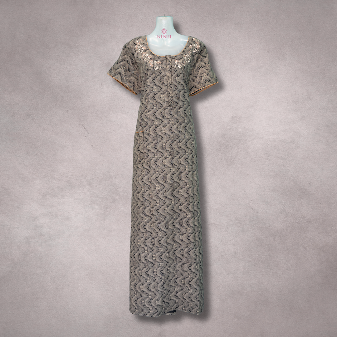 Classic Grey Printed Cotton Nighty with Floral Embroidery