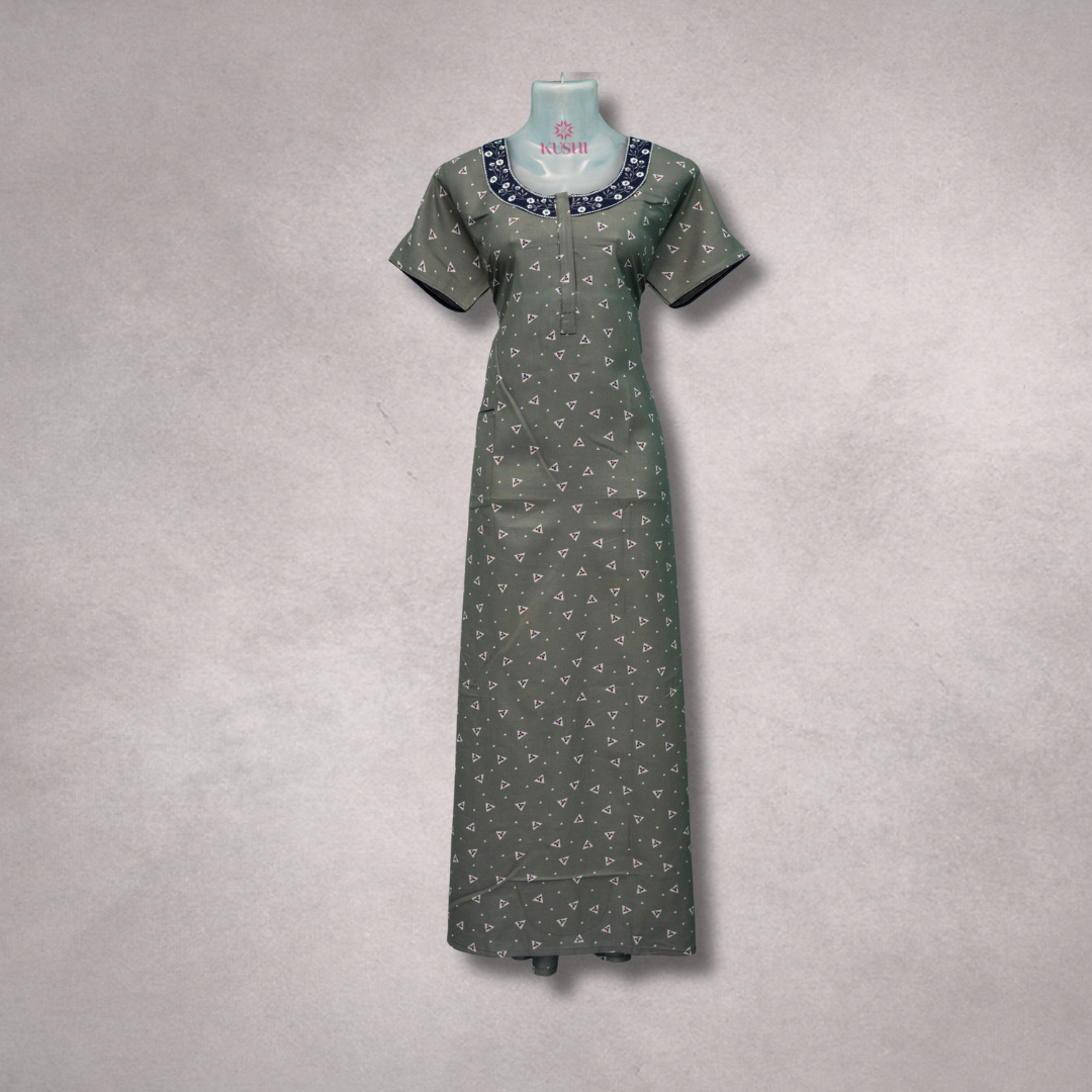 Olive Green Printed Nighty with Navy Embroidered Neckline