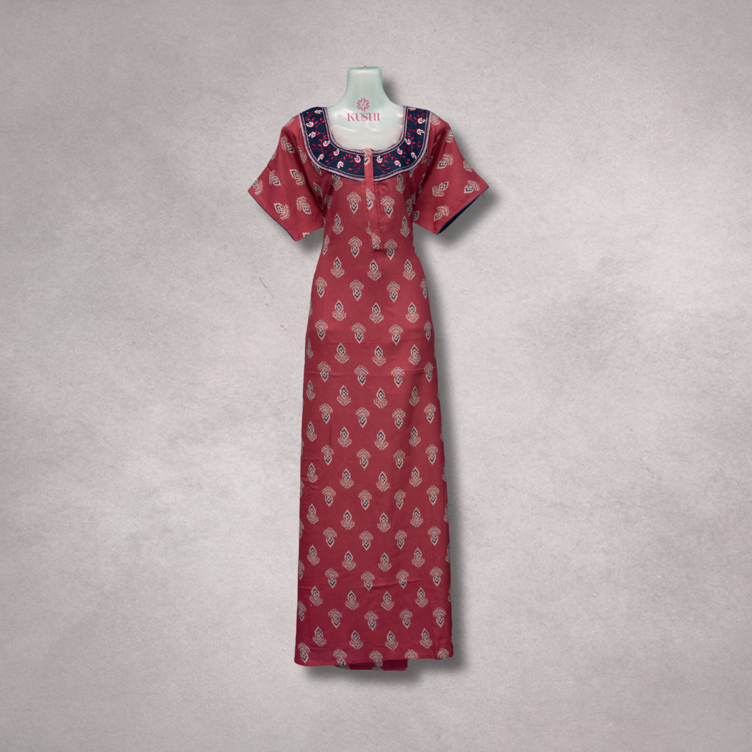 Maroon Printed Cotton Nighty with Embroidered Neckline