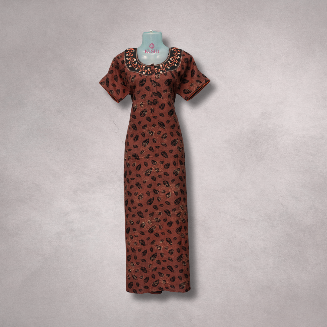 Rust Brown Leaf-Print Nighty with Embroidered Neckline