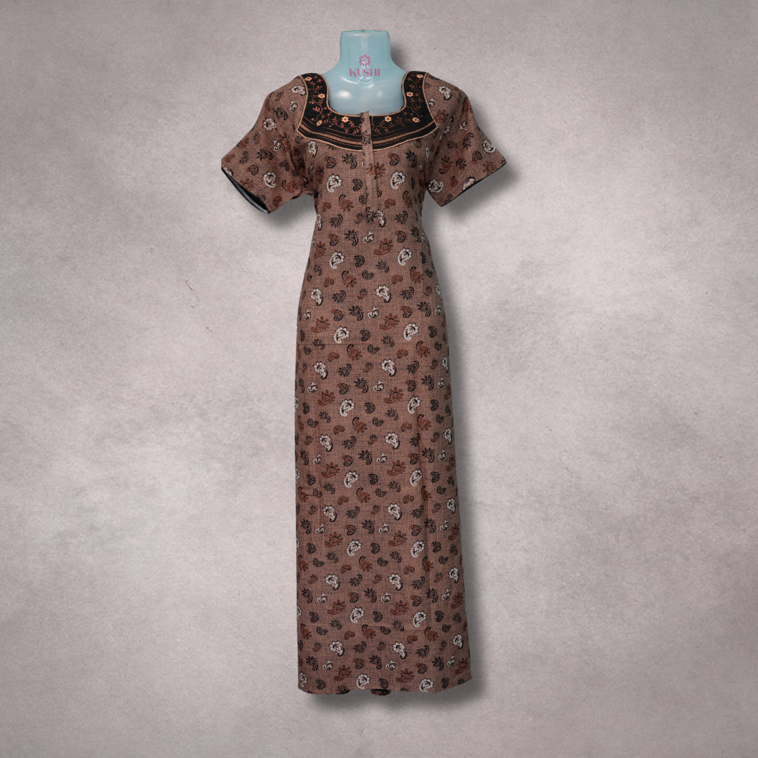 Brown Printed Cotton Nighty with Contrast Black Neck Design