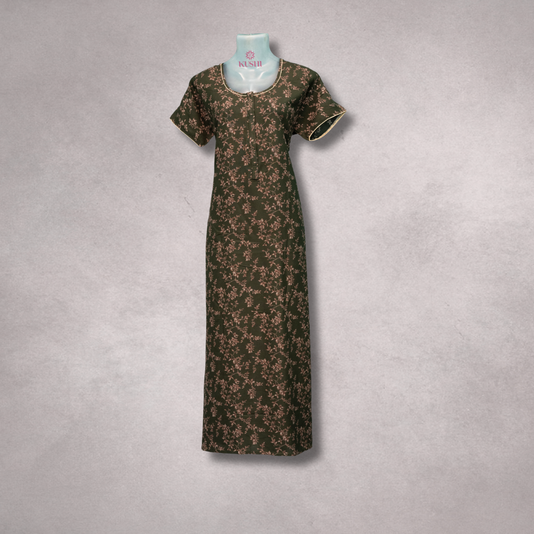 Olive Green Floral Printed Nighty with Contrast Piping