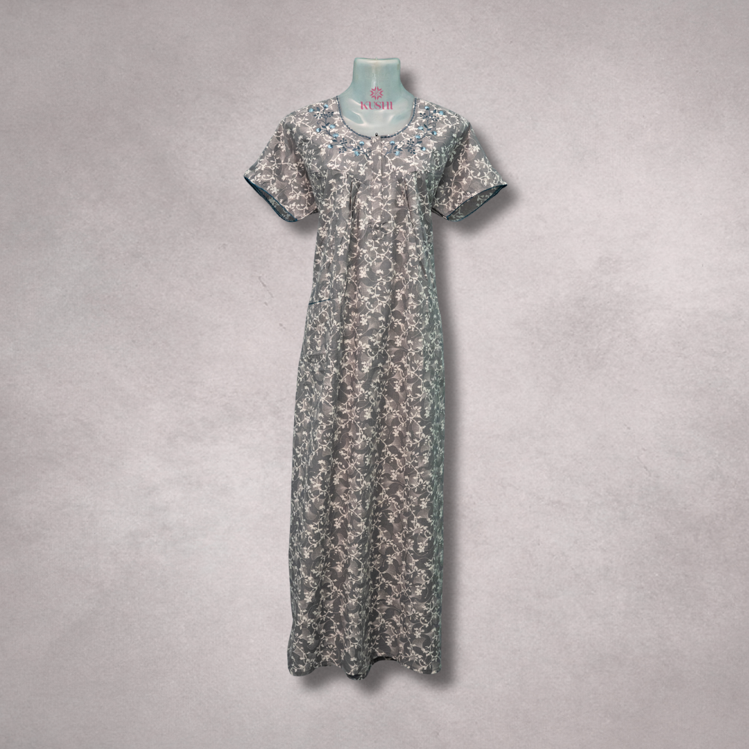 Premium Cotton Nighty – Slate Grey Floral, Round Neck, Short Sleeve