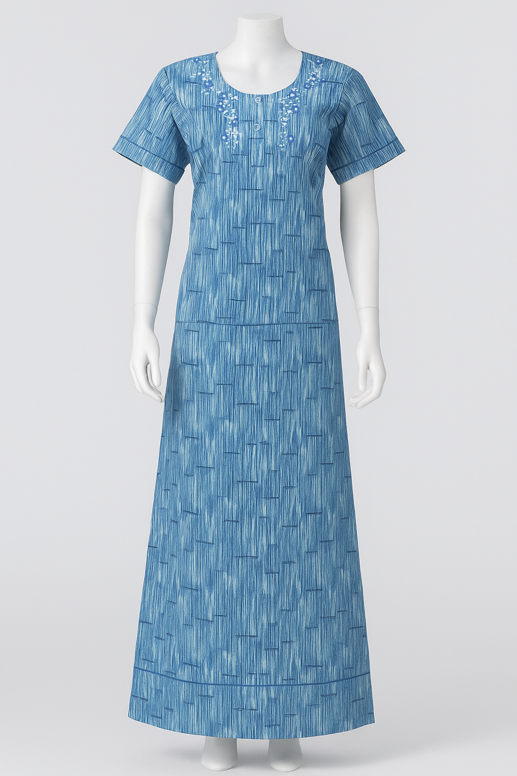 Batic Cotton Nighty – Sky Blue Comfort with Subtle Prints