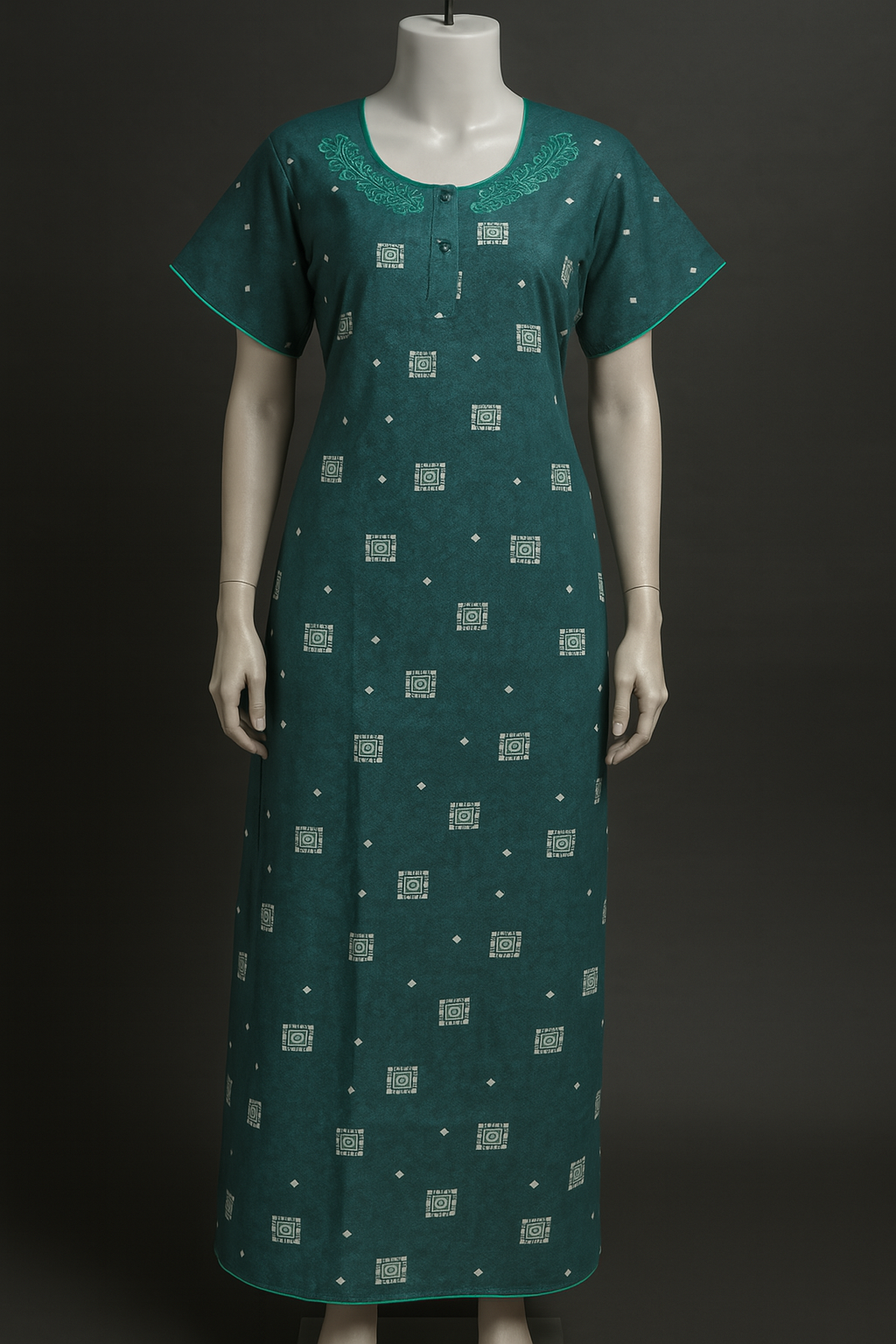 Premium Dark Teal Printed Cotton Nighty with Elegant Embroidery