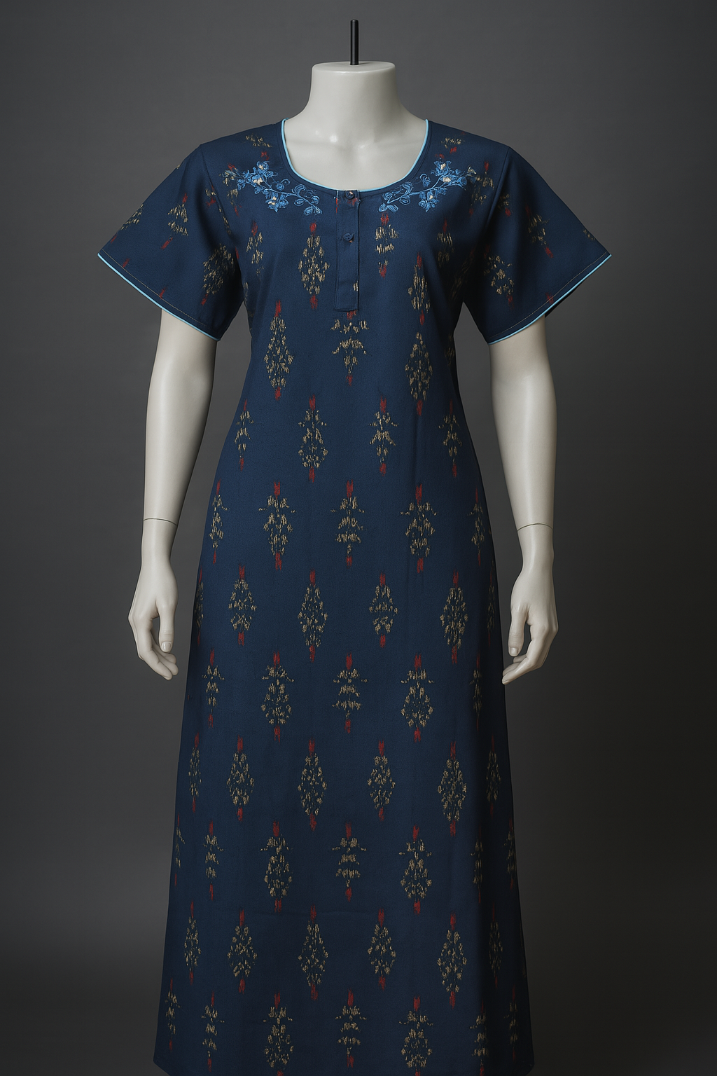 Elegant Navy Blue Premium Cotton Nighty with Floral Embroidery