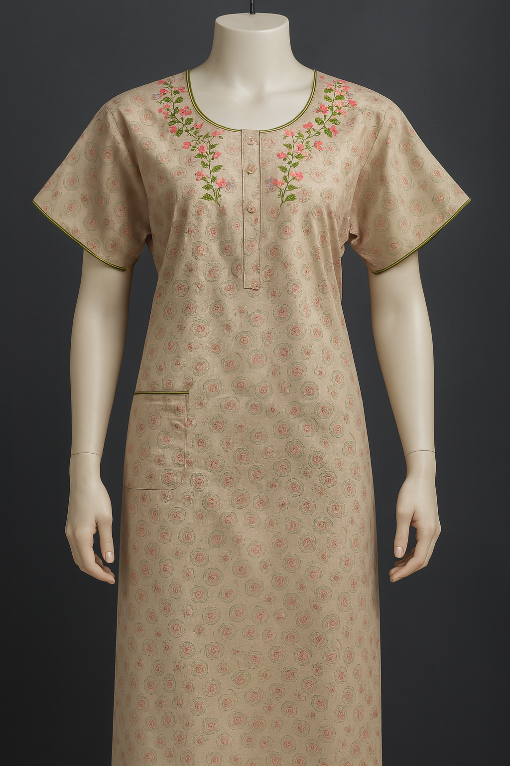 Elegant Beige Floral Embroidered Premium Cotton Nighty