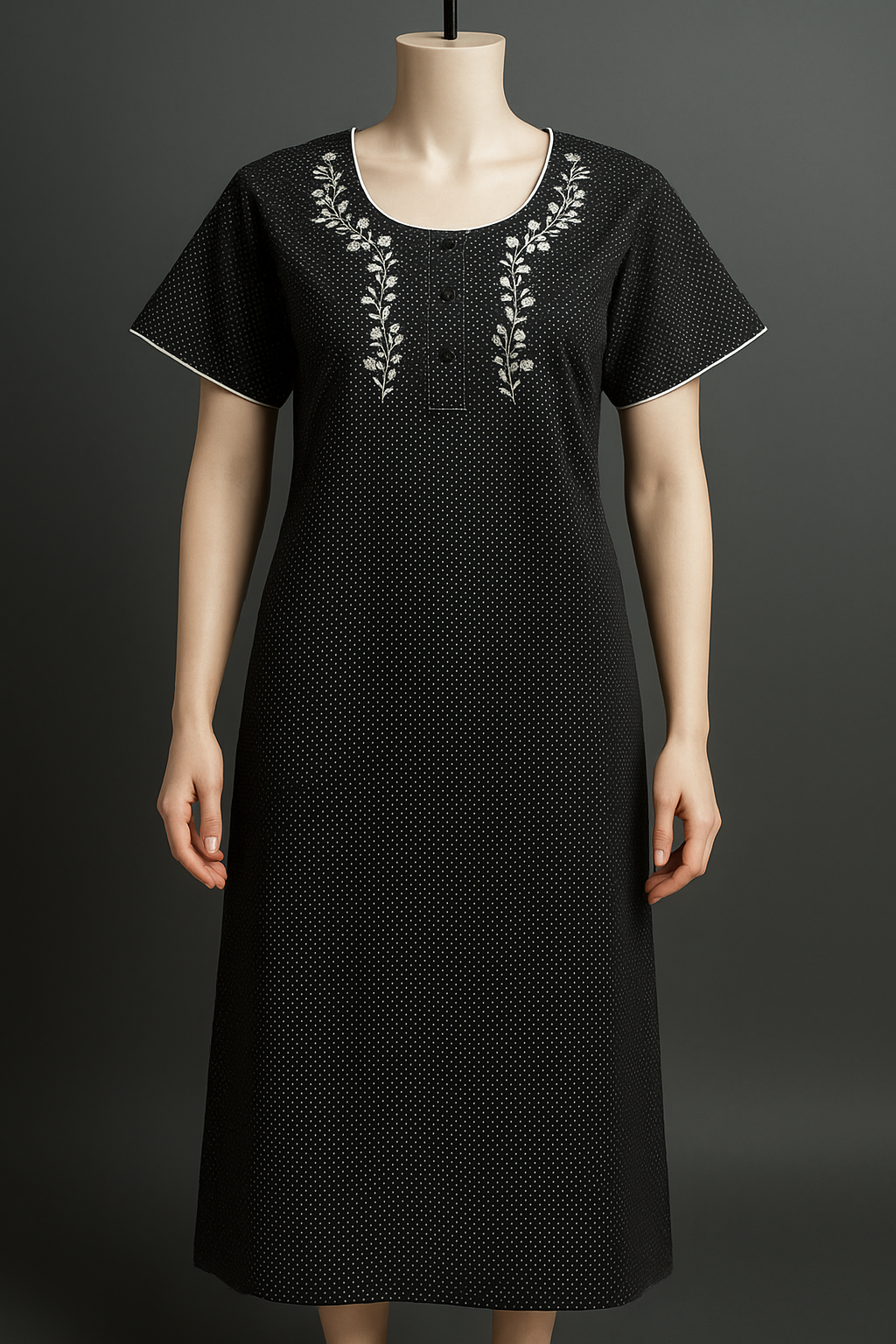 Elegant Black Premium Cotton Nighty with White Floral Embroidery