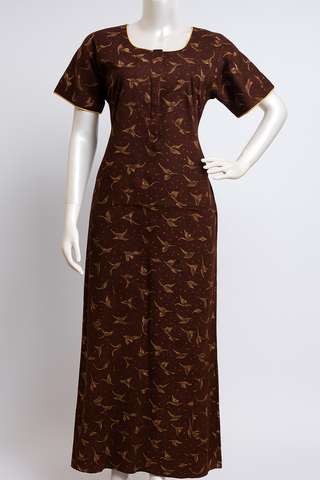 Alpine Cotton Nighty – Elegant Brown Floral Comfort Wear for Indian Women