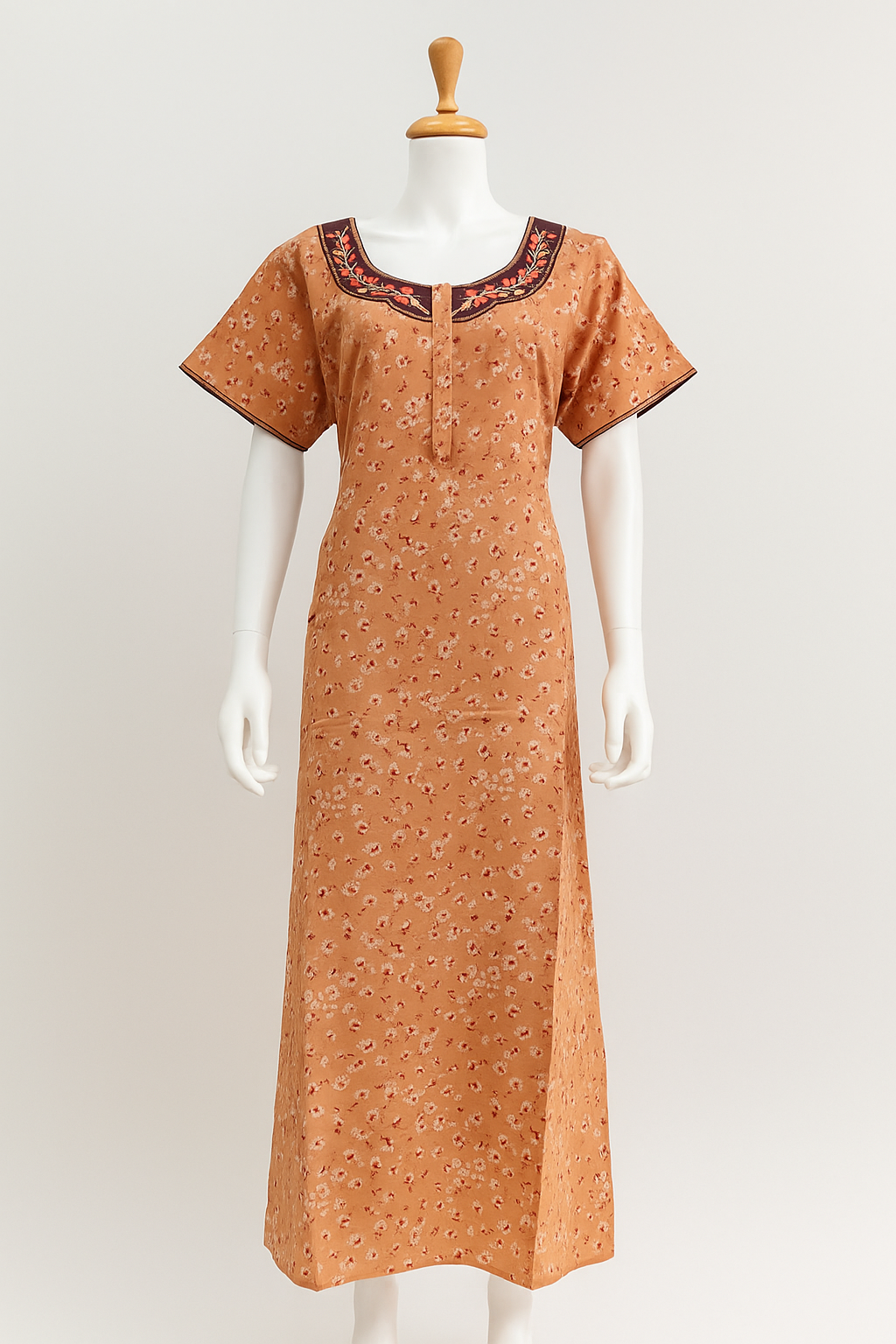 Alpine Cotton Nighty – Soft Peach Floral with Embroidered Yoke