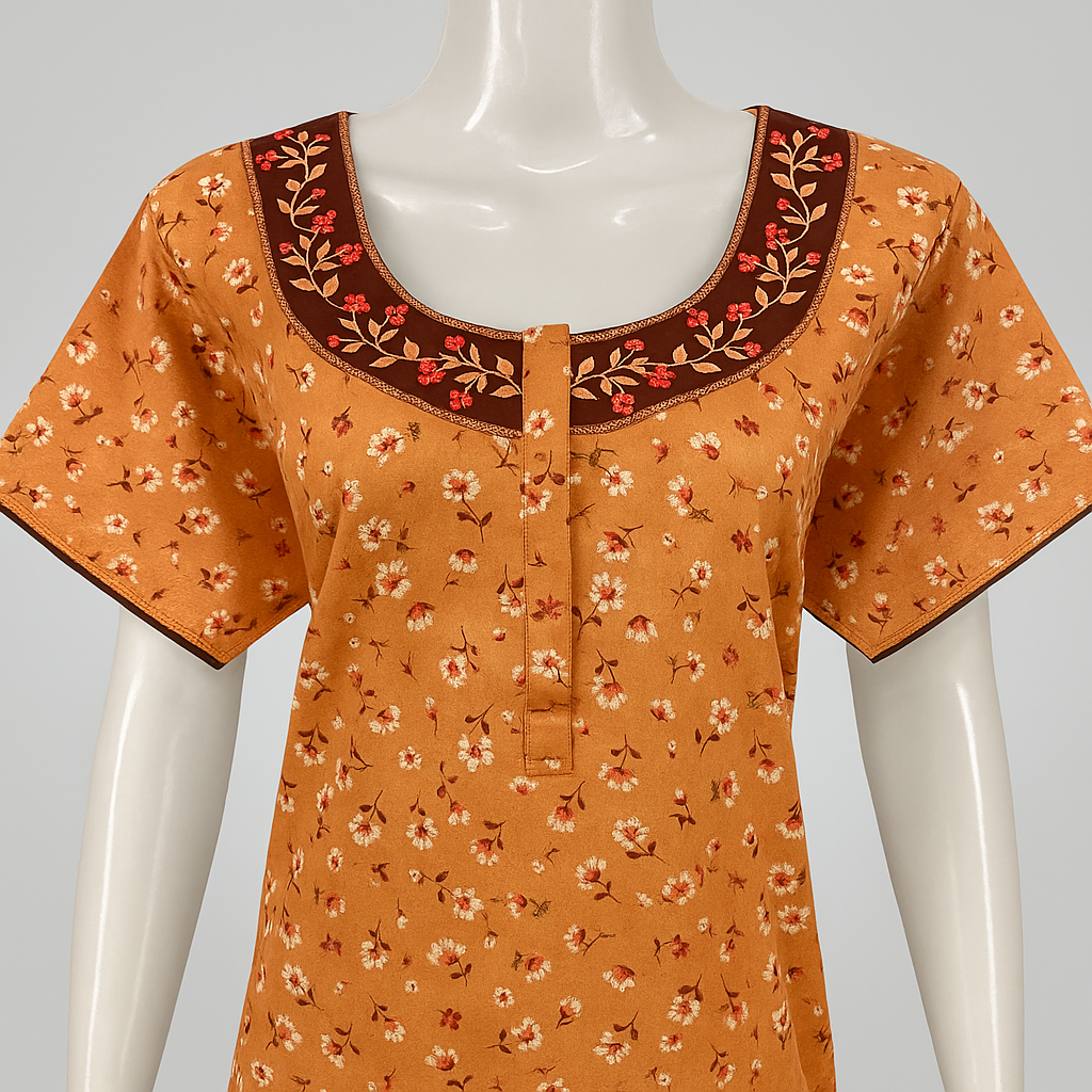 Alpine Cotton Nighty – Soft Peach Floral with Embroidered Yoke