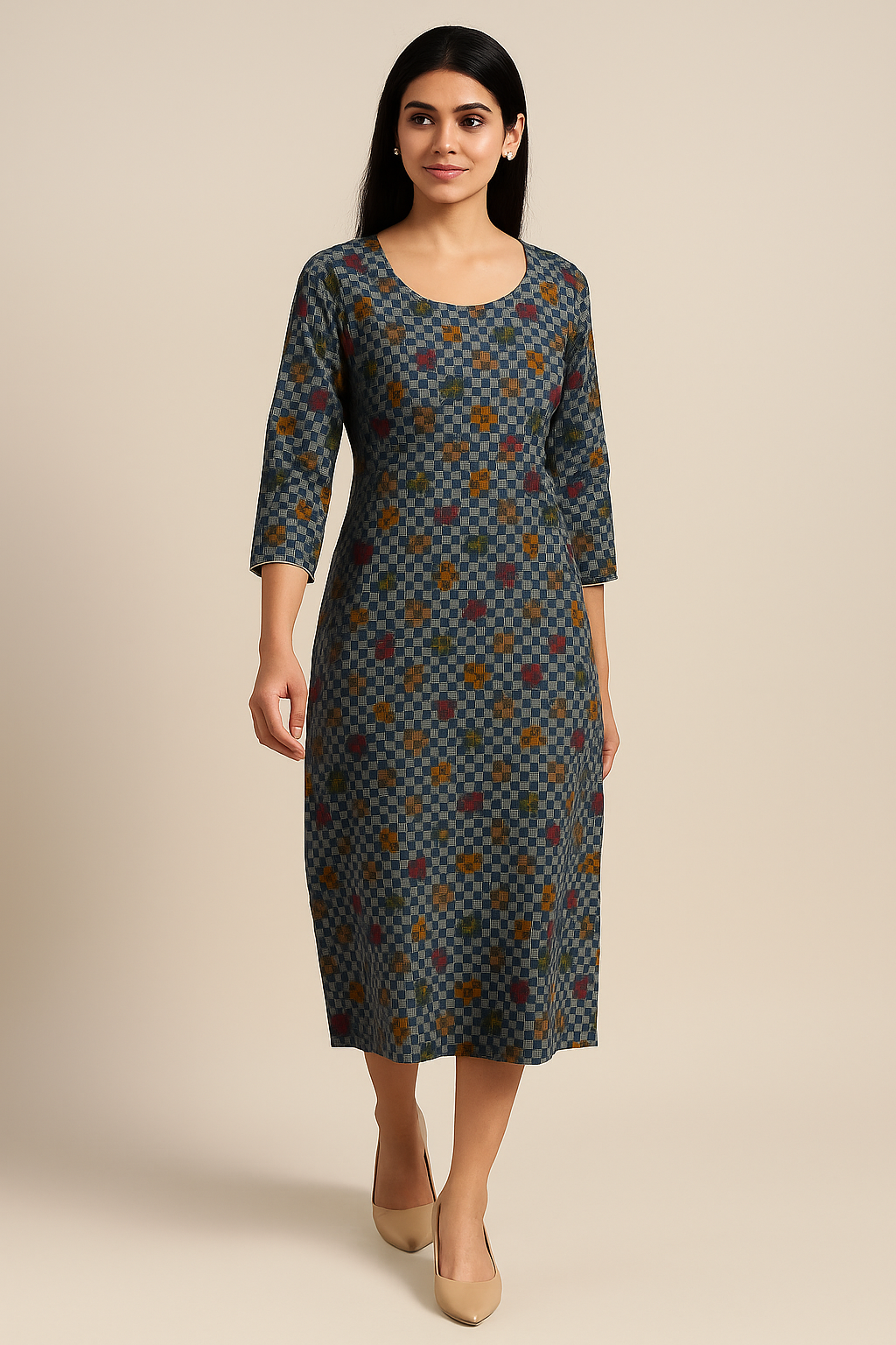 Cotton Feeding Kurti – Blue Checkered Floral Print with Hidden Zips