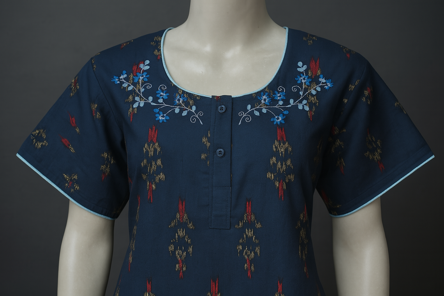 Elegant Navy Blue Premium Cotton Nighty with Floral Embroidery