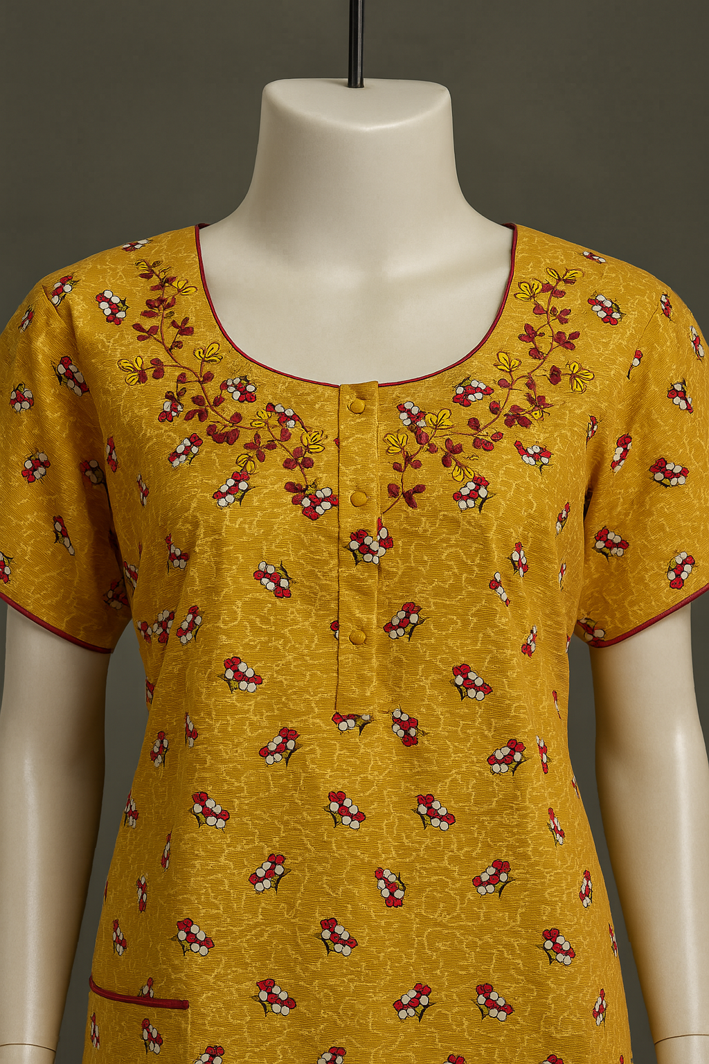 Premium Mustard Yellow Embroidered Cotton Nighty