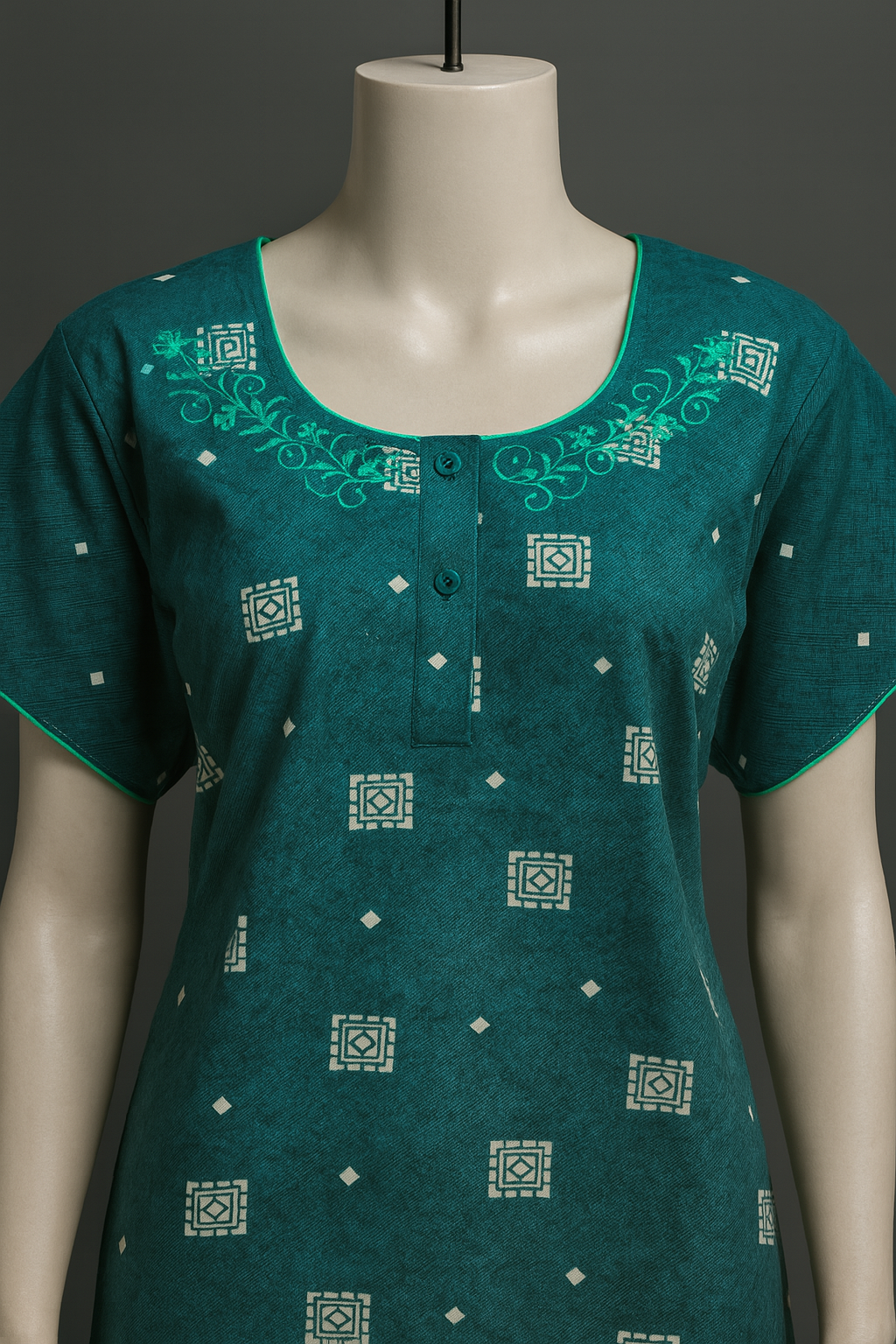 Premium Dark Teal Printed Cotton Nighty with Elegant Embroidery
