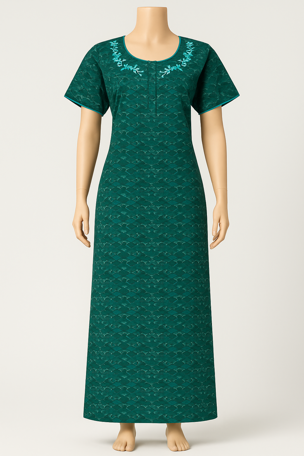 Green Satin Cotton Nighty – Elegant Embroidered Neck Nightwear