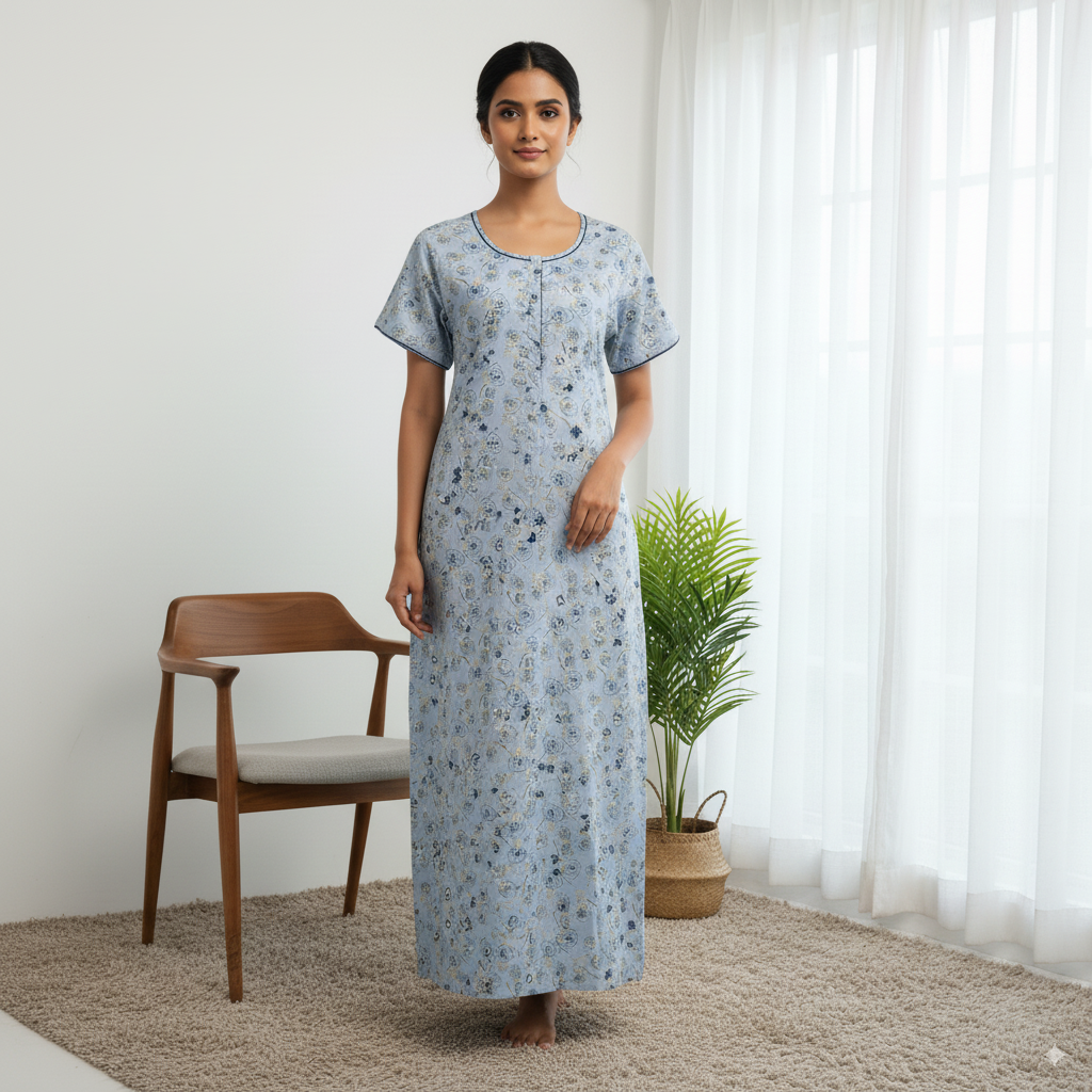 Premium Cotton Printed Blue Nighty for Women – Floral Design with Embroidered Neck