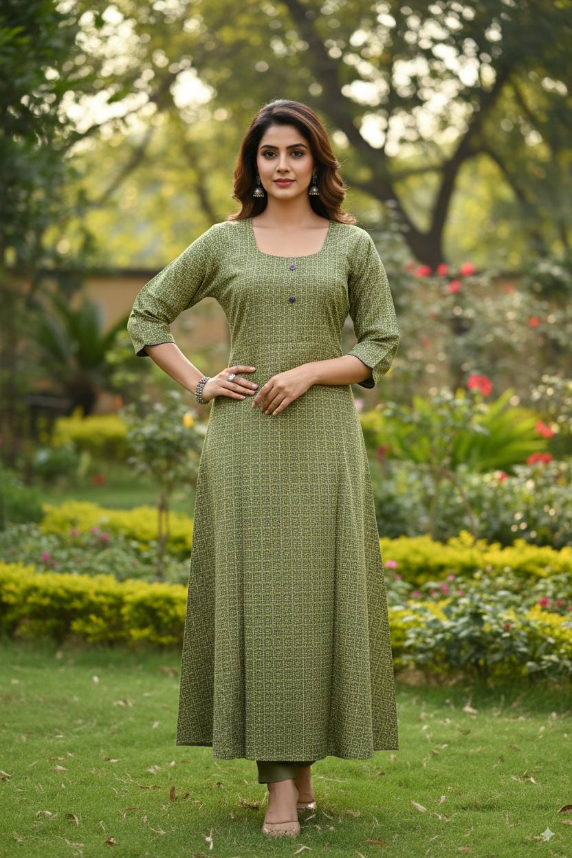 Premium Cotton Kurti with Elegant Green Print – 3/4 Sleeve