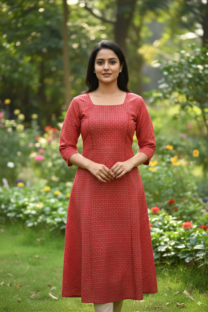 Premium Cotton Kurti with Elegant Printed Design – Red