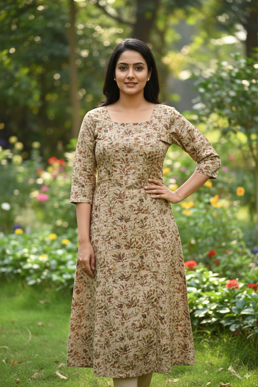 Premium Cotton Kurti with Beige Floral Print – 3/4 Sleeve