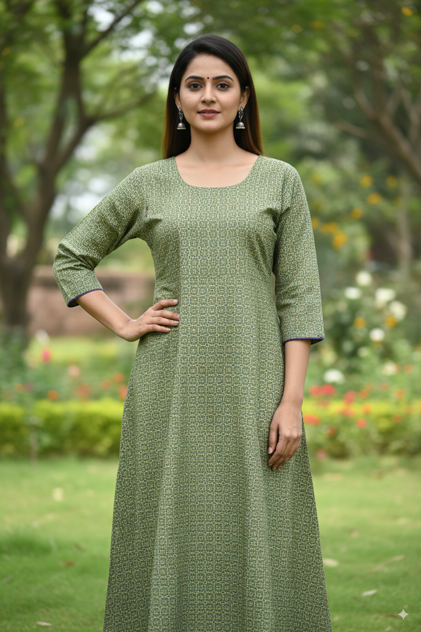 Premium Cotton Kurti with Subtle Geometric Print – Green
