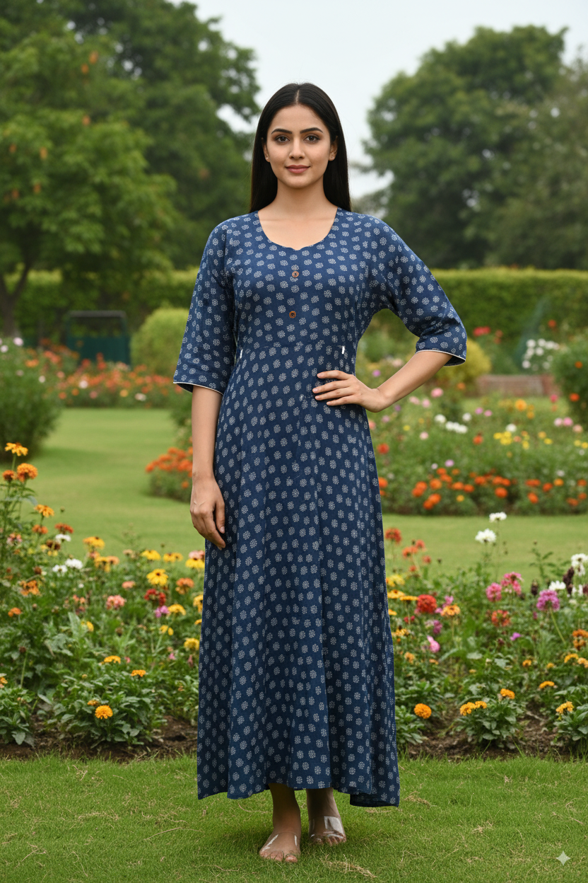 Premium Cotton Kurti with Indigo Print – 3/4 Sleeve