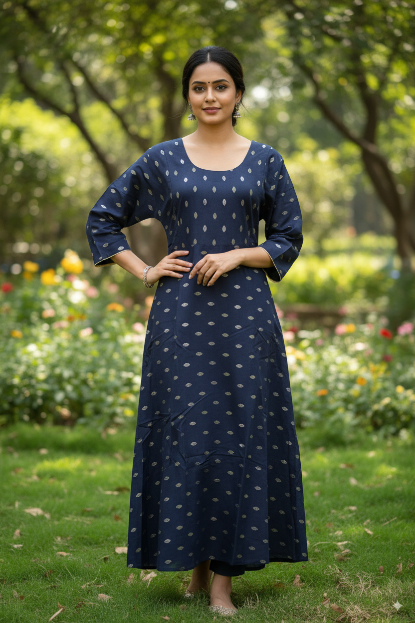 Premium Cotton Kurti with Classic Navy Blue Print – 3/4 Sleeve