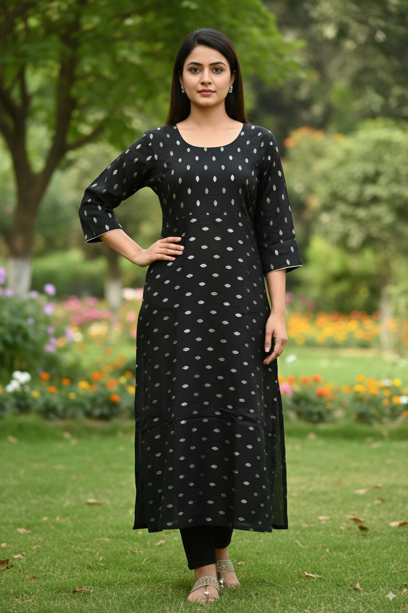 Premium Cotton Kurti with Elegant Black Print – 3/4 Sleeve