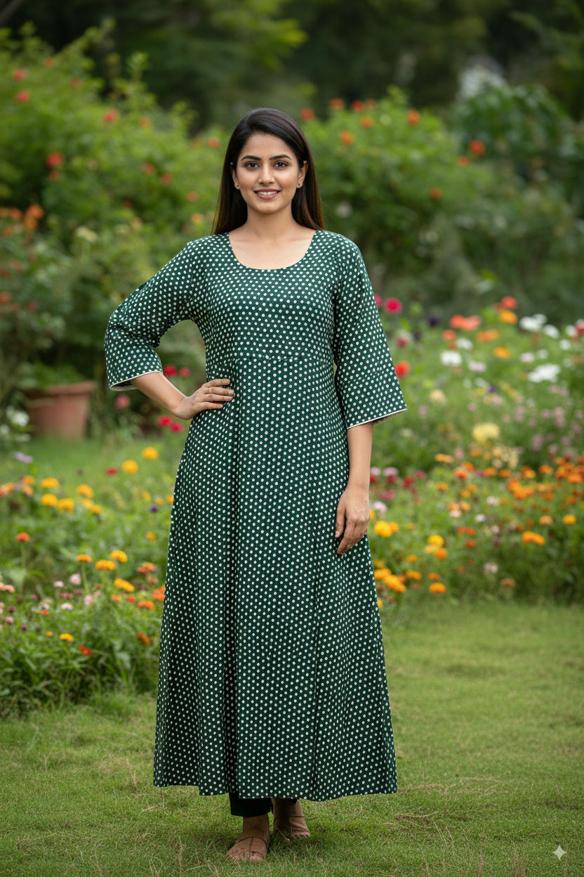 Premium Cotton Kurti with Green Polka Dot Print – 3/4 Sleeve