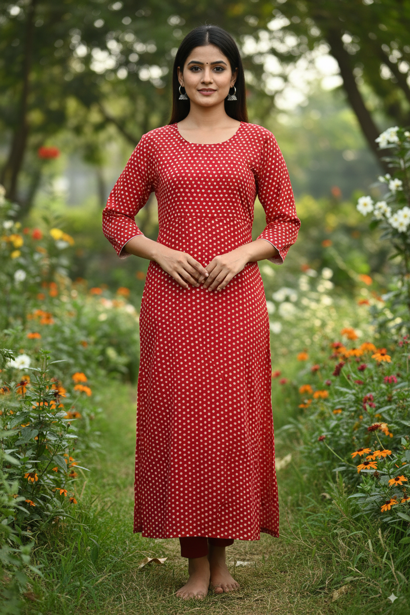 Premium Cotton Kurti with Red Polka Dot Print – 3/4 Sleeve
