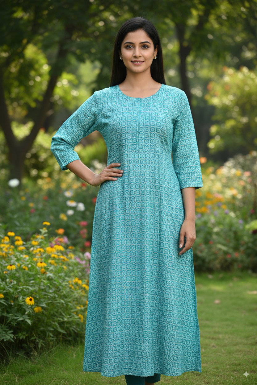 Turquoise blue Cotton Printed Kurti with 3/4th Sleeves